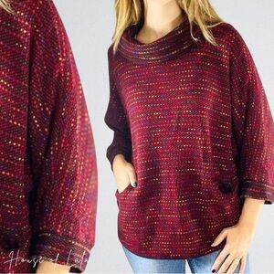 Made In Italy Burgundy Rainbow Knit Sweater. Cowl neck 3/4 sleeve